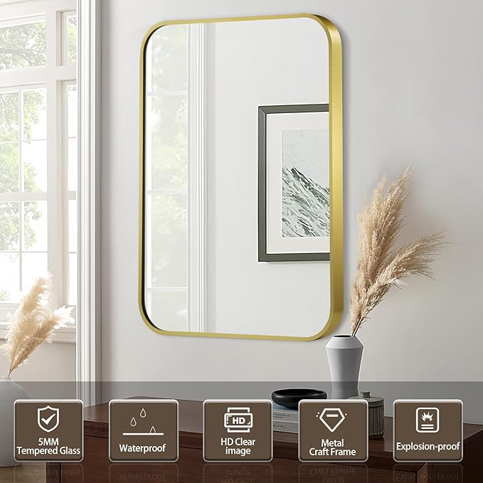Matte Gold Mirror, 24x32 Inch Brushed Gold Mirror, Aluminum Alloy Framed Vanity Mirror, Rounded Rectangle Bathroom Mirror for Over Sink, Anti-Rust Wall Mirror (Horizontally or Vertically)