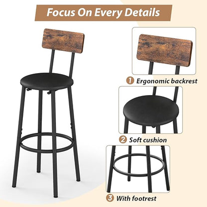 Dining Table Set for 2, 3-Piece Bar Table and Chairs Set, Kitchen Table and Chairs, High Top Table with 2 PU Upholstered Stools, Space-Saving Pub Table Sets for Small Space, Brown