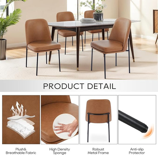 COLAMY Modern Dining Chairs Set of 6, Faux Leather Upholstered Kitchen Chairs with Curved Back & Metal Legs, Mid-Century Dining Room Chair (Brown)