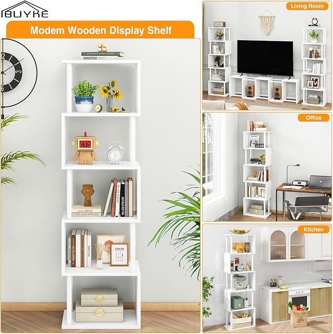 IBUYKE 6-Tier Tall Bookshelf,S-Shaped Geometric Bookcase, Wood Display Shelves with Storage,Modern Bookshelf for Living Room Bedroom, Home Office, White WBC016W