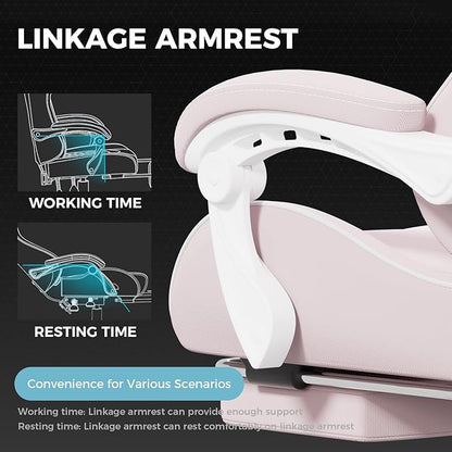 GTPLAYER Gaming Chair with Footrest, Computer Chair with and Lumbar Support, Height Adjustable Game Chair with 360°-Swivel Seat and Headrest and for Office or Gaming (Pink-Fabric)