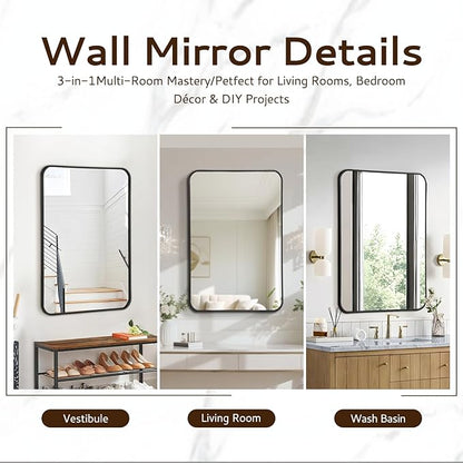 20x28 Rounded Rectangle Bathroom Mirrors for Over Sink, Black Vanity Mirror with Metal Frame Wall Mounted, Modern Farmhouse Mirror for Restroom, Bedroom, Entryway Decor