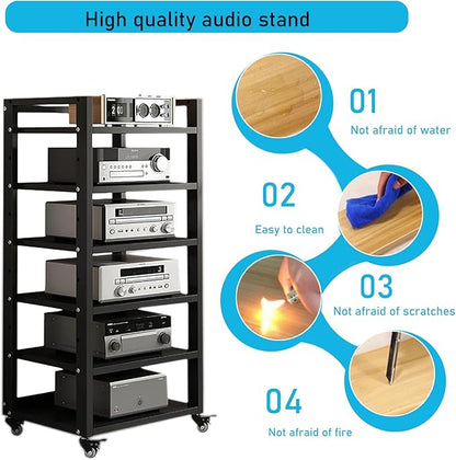 6 Tier Audio Rack Tower, CD Record Player Stereo Receiver AV Equipment Cabinet Display Rack, Weight Capacity 661 lbs, with Adjustable Wooden Shelves for Home (BIACK, 6 Tier 47×19.7×15.7IN)