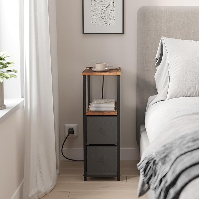 TUTOTAK Small Narrow End Table with Charging Station, Set of 2, Side Table with Outlets, Nightstand with 2 Cloth Drawers, Couch Table, for Living Room, Bedroom, Bedside, Brown and Black TB01BB055K