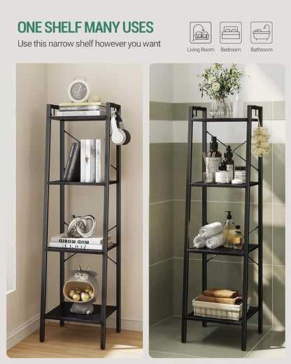 Ladder Shelf, Bookshelf Bookcase, Freestanding Corner Storage Shelve with 2 Hooks for Home Office, Living Room, Kitchen, Bedroom, Industrial, 4-Tier Black BC13204B