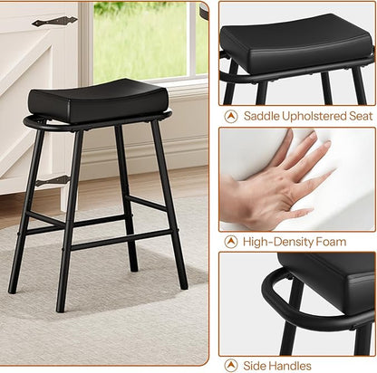 HOOBRO Bar Stools, Set of 2 Bar Chairs, 24” Barstools for Kitchen Counter, PU Upholstered Barstools, Kitchen Stools with Armrest and Footrests, Backless, for Kitchen, Dining Room, Black BB40MDP201