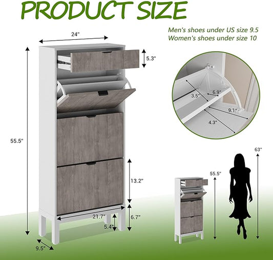 GarveeHome Shoe Cabinet with 3 Flip Doors & 1 Drawer, Entrance Wooden Shoe Rack with Iron Legs, Slim Shoe Storage Cabinet, Modern Fluted Shoe Organizer for Entryway Hallway, White+Grey