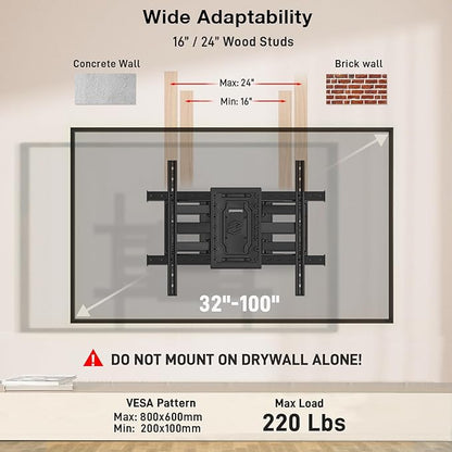 TV Wall Mount for 32"-100" up to 220 lbs, USX MOUNT Full Motion TV Mount with Swivel Tilt Dual Articulating Arms, Pre-Assembled Universal Wall Bracket, Max VESA 800x600mm, 12″-24″ Wood Studs