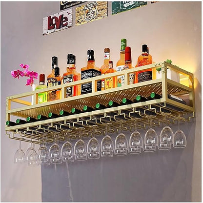 Pengfei LED Wine Rack Wall Mounted, Industrial Metal Wall Wine Shelf & Glass Holder, Large Floating Shelves Wine Bottle Storage Display Rack for Home Bar Dining Room Decor,Gold