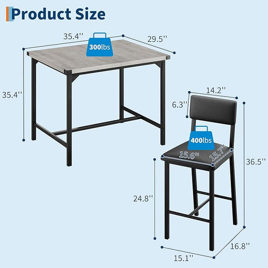 IDEALHOUSE Dining Table Set for 2 w/Counter Height Table & 2 Upholstered Bar Stools, 3-Piece Kitchen Table Set with Footrest & Corner Protector, for Kitchen Room, Apartment, Pub