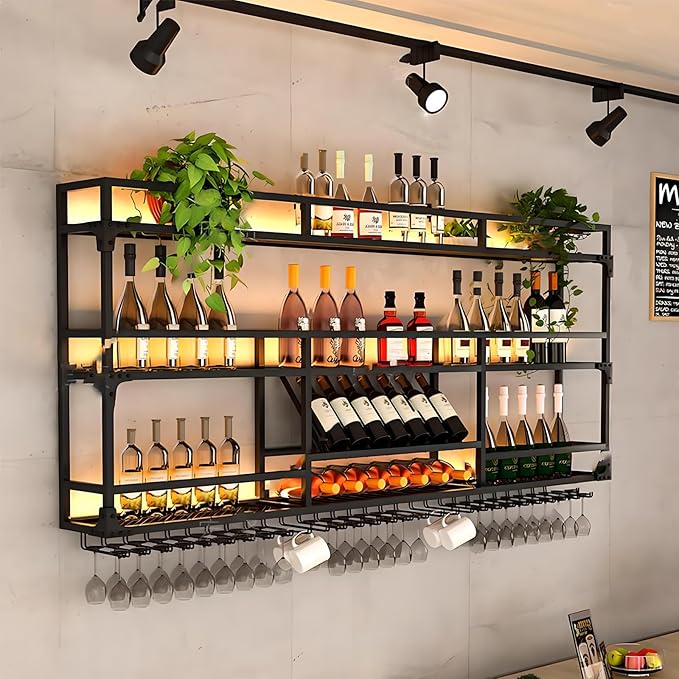 Metal Wall-Mounted Wine Rack with LED Light - 3 Tier Wine Storage Display Rack with Glass Holder - Space-Saving Bottle Display Shelf for Home Bars, Dining Rooms(Black, 71in/180cm)