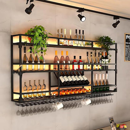 Metal Wall-Mounted Wine Rack with LED Light - 3 Tier Wine Storage Display Rack with Glass Holder - Space-Saving Bottle Display Shelf for Home Bars, Dining Rooms(Black, 31in/80cm)