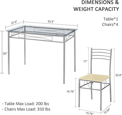 VECELO Kitchen Dining Room Table and Chairs 4, 5-Piece Dinette Sets, Space Saving (Silver)