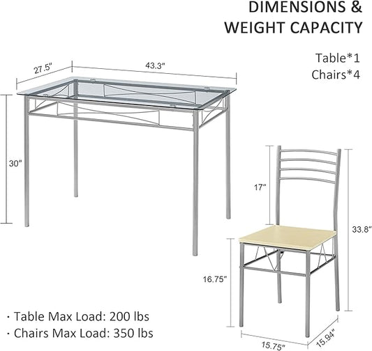 VECELO Kitchen Dining Room Table and Chairs 4, 5-Piece Dinette Sets, Space Saving (Silver)