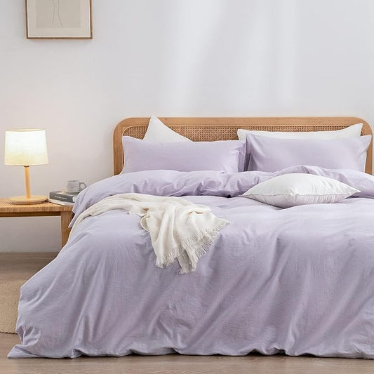 BESTOUCH Duvet Cover Set 100% Washed Cotton Linen Feel Super Soft Comfortable Chic Lightweight 3 PCs Home Bedding Set Solid Taro Purple Oversized Full