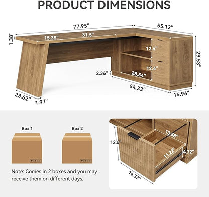 LITTLE TREE 78-Inch L-Shaped Executive Desk, Modern Desk with Drawers & File Cabinet, Large Walnut Office Workstation with Storage Shelves for Home Office