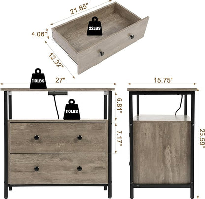 27 inch Wide Nightstand with Charging Station, Bedside Table with Open Shelf, 2 Drawers Small Wood Dresser, End Side Table for Bedroom (2 Pack,Rustic Gray)