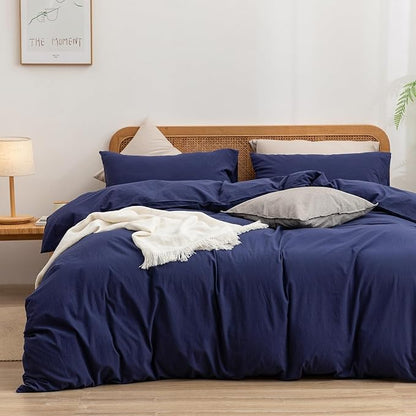 BESTOUCH Duvet Cover Set 100% Washed Cotton Linen Feel Super Soft Comfortable Chic Lightweight 3 PCs Home Bedding Set Solid Navy Blue Super King