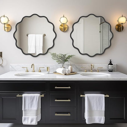 PROHOMEWARE Black Round Mirror 24 Inch Wavy Bathroom Vanity Mirror Black Frame Modern Wall Mirror Decorative Wall-Mounte Anti-Rust, Tempered Glass