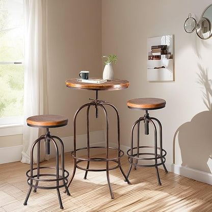 Vintage Bar Table Swivel Industrial Style Pub Table Kitchen Dining Tables Height Adjustable 37.4-45.3inch Coffee Table with Footrest