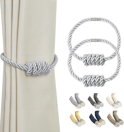 BEL AVENIR Magnetic Curtain Tiebacks, Decorative Drapery Holdbacks Modern Woven Tie-Backs with Exquisite Knot (Sliver, 2 Pack)