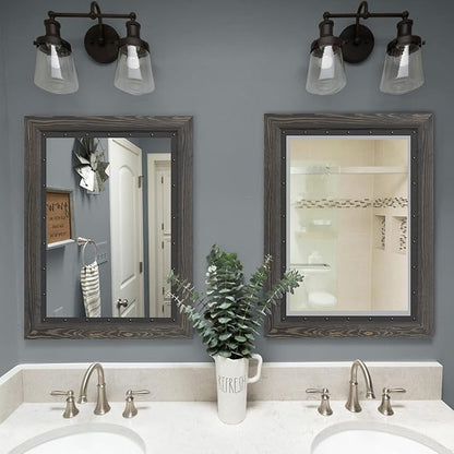 YOSHOOT Rustic Wooden Framed Wall Mirror, 32x24 Inch, Natural Wood and Iron Bathroom Vanity Mirror for Farmhouse Decor, Vertical or Horizontal Hanging