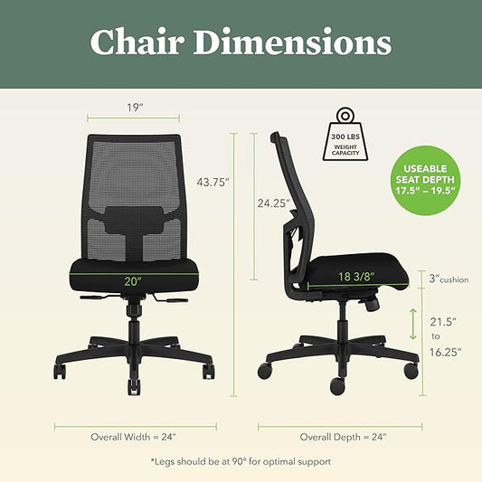 HON Ignition 2.0 Armless Ergonomic Office Chair, Adjustable Tilt, Swivel Wheels, Comfy for Long Hours, Home Office Desk Chairs, Black