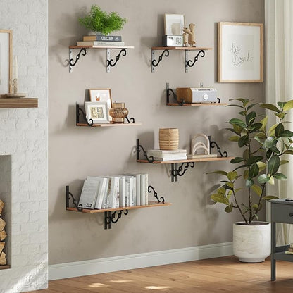 DINZI LVJ Deep Floating Shelves, 16" W x 12" D Wall Shelves Set of 2, Wide Display Shelf Wall Mounted with Brackets, Easy-to-Install Wall Bookshelf for Living Room, Bathroom, Bedroom, Rustic Brown