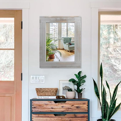 Rustic Mirror Wooden Frame Rectangular Antique Wall Mirror Decor Farmhouse Bedroom Dresser Bedroom Entryway Mirror Large Light Gray 20"x16"