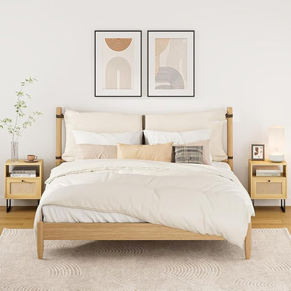 Rattan Nightstand, Boho Night Stand Farmhouse Wood Bedside Table with Storage and Open Shelf, End Side Accent Table for Bedroom,Living Room,Oak