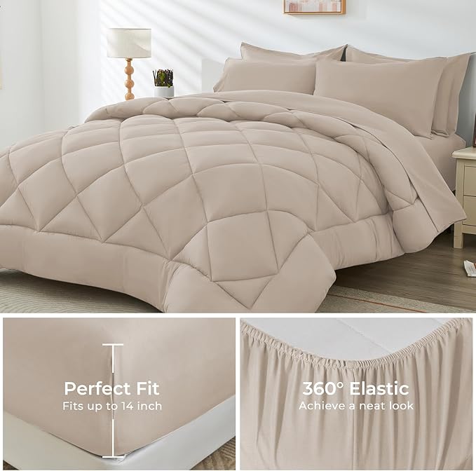 HEVUMYI Khaki Full Comforter Set - 7-Piece All Season Bed in a Bag Full, Ultra Soft Bedding Set with Comforter, Flat Sheet, Fitted Sheet, Pillowcases, Pillow Shams