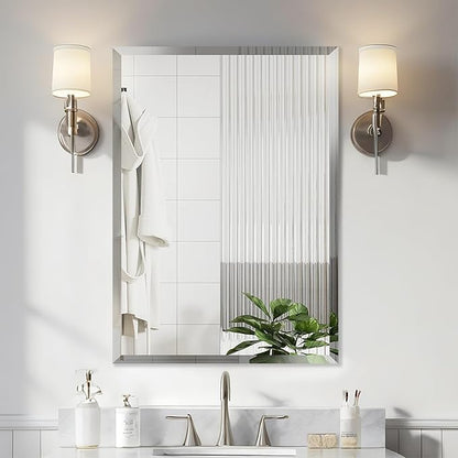 Beveled Edge Mirror 20x28 Inch Frameless Rectangle Bathroom Wall Mirror Explosion Proof and Shatterproof Bathroom Vanity Mirror Wall Mounted Hang Firmly (Horizontal or Vertical)