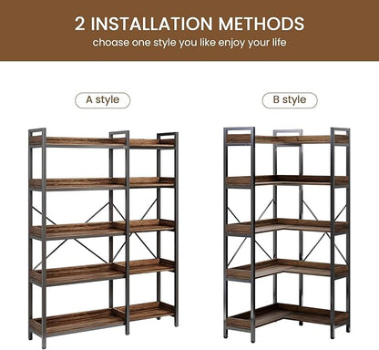 5-Tier Corner Bookshelf - Modern Tall Corner Bookcase with Sturdy Metal Frame, Large Storage L Shaped Bookshelf for Living Room/Home Office/Bedroom, Space-Saving Design, Rustic Brown