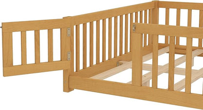 Queen Size Floor Bed Frame with Slats and Safety Guardrail, Wood Queen Size Montessori Floor Bed with Door and Fence, Easy Assemble Montessori Beds for Kids, Girls, Boys, Natural