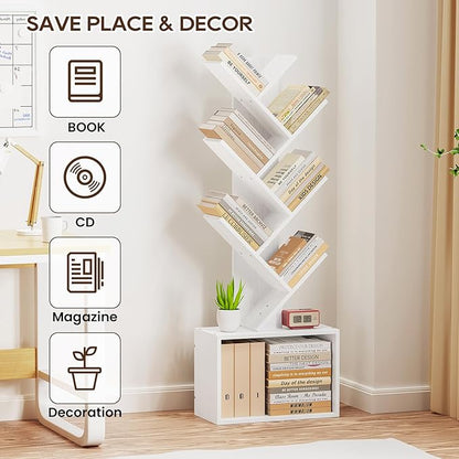 6 Tier Tree Bookshelf, Sturdy Retro Floor Standing Wood Bookcase, Storage Rack for Home Office, Living Room, Bedroom, Reading Spot, Heavy Book Organizer Shelves for CDs/DVDs/Movies, White