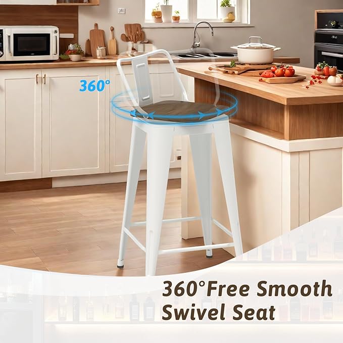 26 Inch Swivel Bar Stools Set of 4, Counter Height Bar Stools with Low Back, Metal Industrial Bar Chairs for Kitchen Island (White)