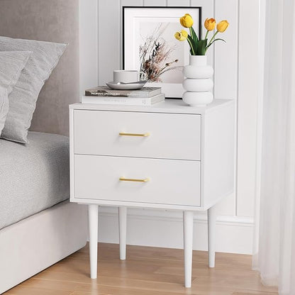 Smart FENDE 26 inch Tall White Nightstand with 2 Drawers, Modern Night Stand Set of 2, Mid-Century Modern End Table, Wooden Bedside Table with Solid Wood Leg for Bedroom
