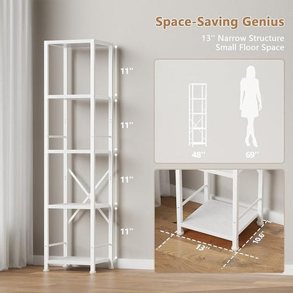 Furologee 5 Tier White Bookshelf, Tall Narrow Bookcase for Small Space, Modern Freestanding Shelf, Metal and Wooden Display Storage Shelves for Bedroom, Living Room, Office