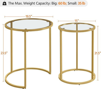 Yaheetech Round Nesting Side Table Stacking Coffee Table, Set of 2 Circular End Tables w/Metal Frame & Tempered Glass Top & Protective Foot Pads for Small Space Living Room Office, Mustard Gold