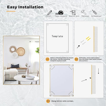 30x40 Inch Brass Bathroom Mirror for Wall, Aluminum Frame Rectangle Rectangular Vanity Mirror, Modern Large for Bedroom, Living Room, Horizontal or Vertical