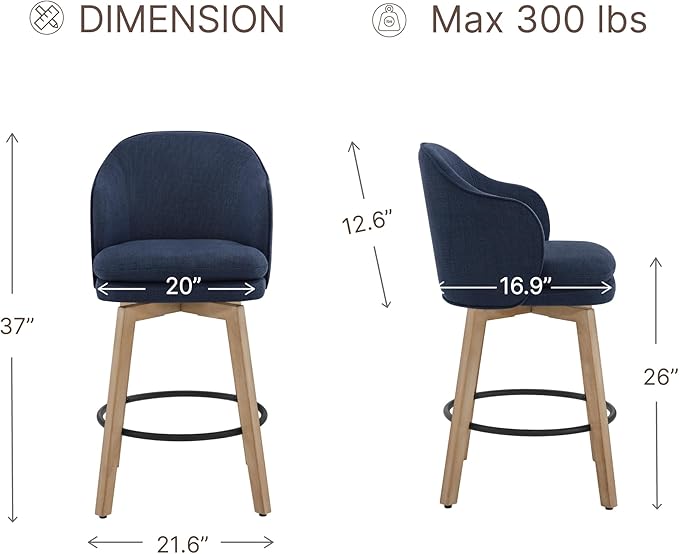 Counter Height Barstools 26 inch Upholstered Swivel Bar Stools with Back and Wood Legs for Kitchen Island,Set of 1,Blue Fabric-Armless