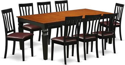 East West Furniture LGAN9-BCH-LC 9 Piece Kitchen Table & Chairs Set Includes a Rectangle Dining Room Table with Butterfly Leaf and 8 Faux Leather Upholstered Chairs, 42x84 Inch, Black & Cherry