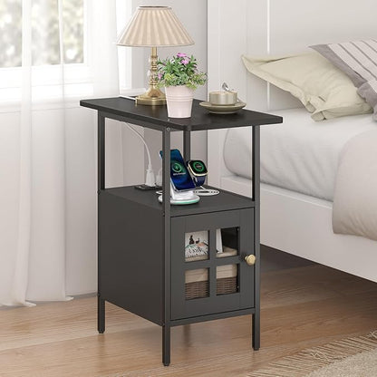 Farmhouse Narrow Side Table with Charging Station - 3-Tier End Table with USB & Outlets Compact Bedside Storage Table for Small Spaces, Multi-Functional Accent Table for Couch Corner Entryway Black