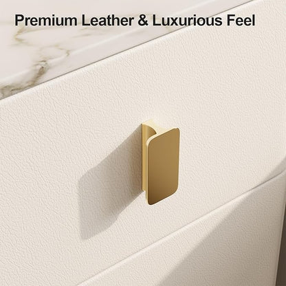 Narrow Nightstand with Drawers, Narrow Side Table Leather, Small Bedside Tables for Bedroom. (White)