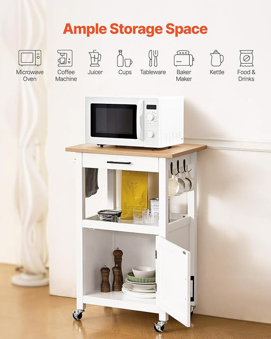 VEVOR Kitchen Island Cart with Single Door Cabinet, Mobile Carts with Drawer, Towel Rack, Hooks, Portable Table on Swivel Wheels, Small Coffee Islands Microwave Stand for Dining Room, 18x23 in, White