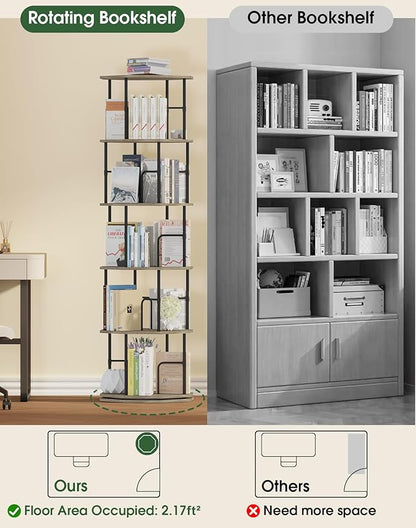 5 Tier Rotating Bookshelf, 360 Display Round Spinning Bookshelf Tower for Kids Room, Corner Shelf for Living Room, Office, Bedroom, Black