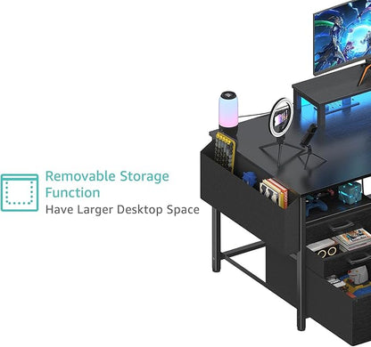 Lufeiya Gaming Desks with Led Lights and Power Outlets, 55 Inch Computer Desk with File Drawers Cabinet, Home Office Desk with Shelves Monitor Stand, Black