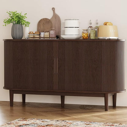 LINSY HOME Sideboard Buffet Cabinet with Storage, 55" Fluted Coffee Bar Cabinet with Tambour Sliding Doors and Drawer, Mid Century Modern Wood Storage Buffet Table for Kitchen, Vintage Walnut