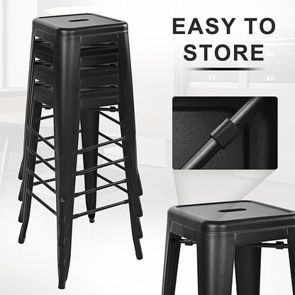 30 Inches Metal Bar Stools, High Backless Stools, Indoor Outdoor Stackable Kitchen Stools, Set of 4, Black