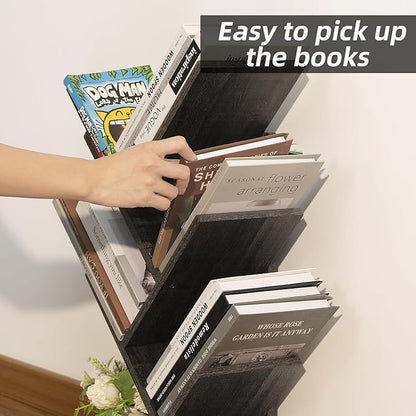 5 Tier Tree Book Shelf, Small Desktop Bookshelf with Storage Organizer, Wood Bookcase, Desk Display Bookshelves, Floor Standing Organizer Bookcases for Living Room,Bedroom,Office-Dark Grey
